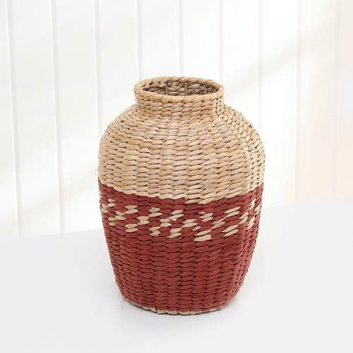 厂家手工草编花瓶家居桌面复古装饰小口花瓶仿真摆件编织插干花篮