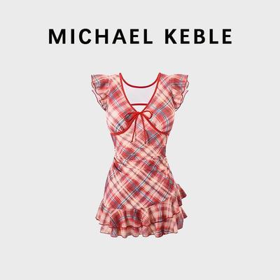 法国MICHAEL KEBLE 高级感连体泳衣女款保守收腰格子少女沙滩泳装
