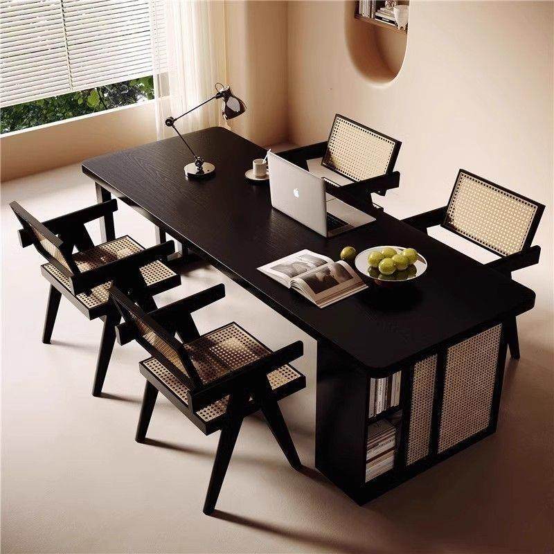 实木客厅书桌书柜一体家用原木大板桌黑色长条写字桌办公桌工作台