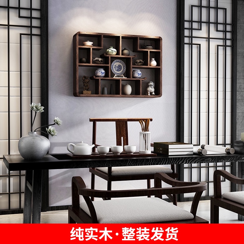 实木挂墙置物架 壁挂式墙上装饰收纳客I厅餐厅新中式博古架多宝阁