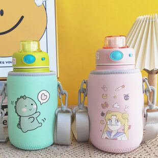 儿童水杯希通用防摔7555杯套保护套l肚水壶0 乐杯m斜挎套0适用大