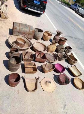 民俗老物件竹编篮子木筐提筐木桶斗笠簸箕怀旧P复古传统工艺品摆