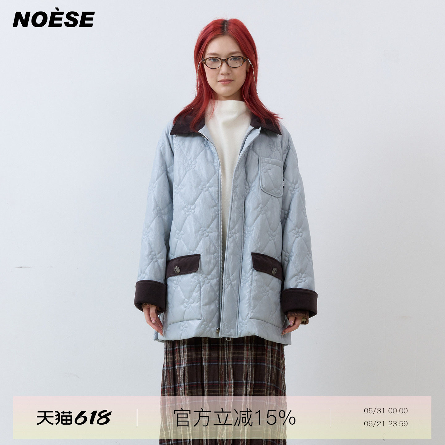 Noese复古新生 重工花朵绗棉翻领PU夹克大衣新款宽松中长款棉服女