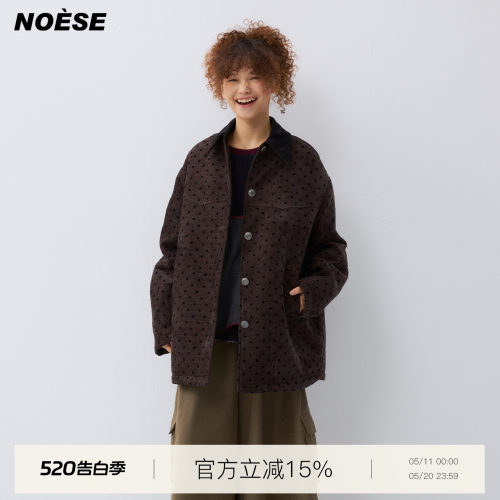 复古波点植绒宽松茧型夹棉外套