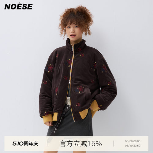 复古花朵刺绣绒感宽松棉服夹棉