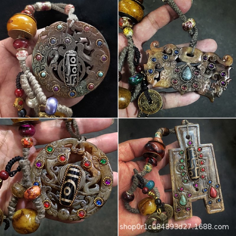 古玩覆古岫玉双龙k玉璧镶嵌宝石九眼天珠五帝铜钱兽面玉璧包浆把