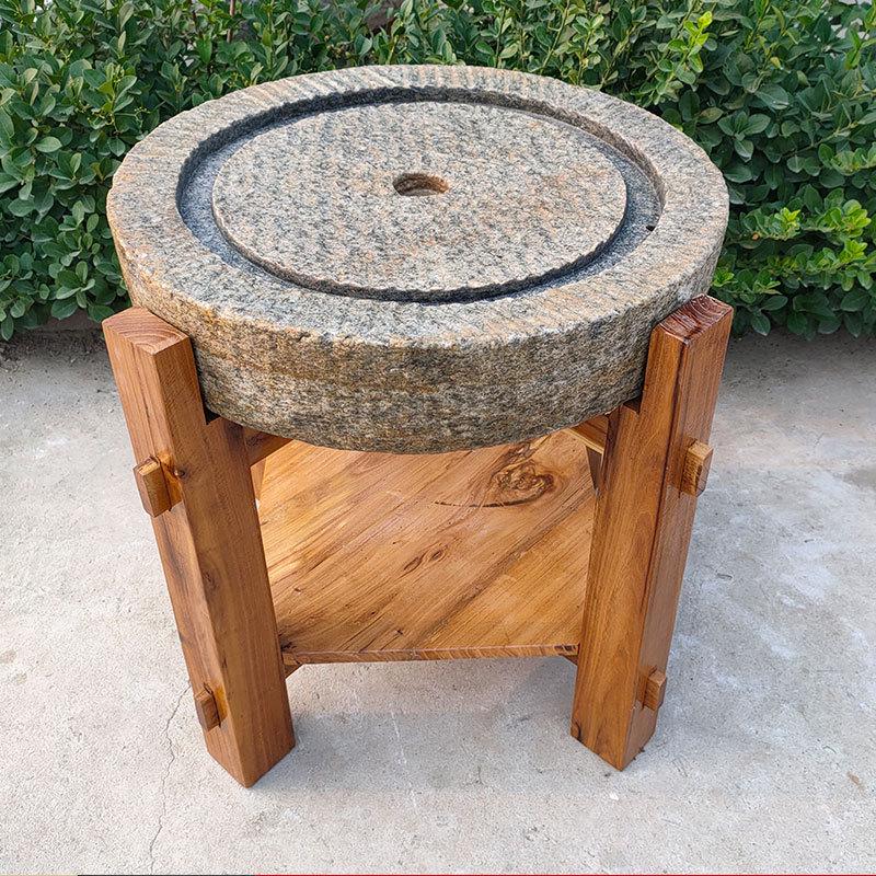 老石器旧石磨茶台老式流水茶桌老石磨碾盘木N架家用庭院覆古石磨