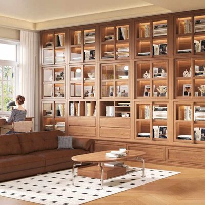 实木书柜带卡座一体整墙到顶玻璃防尘去客厅化满墙储物柜收纳书架