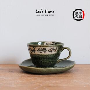 日本进口濑户烧织布咖啡杯 散步猫 抹茶绿 姜黄碗 手绘