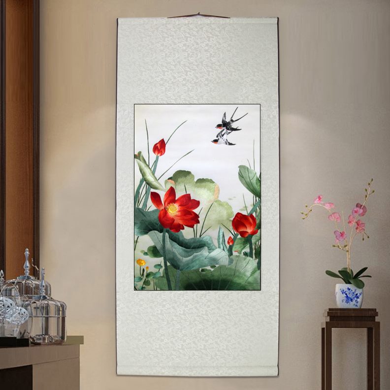 客厅装饰手工刺绣伊竖版牡丹绣飞礼品挂画湘玄关卷轴荷花现代中式图片
