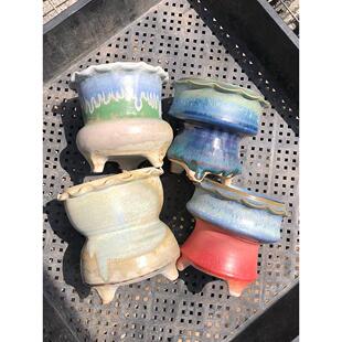 景德镇手绘粗陶小旧桩脚高桩透气性圆口花边多肉花盆覆古精亮