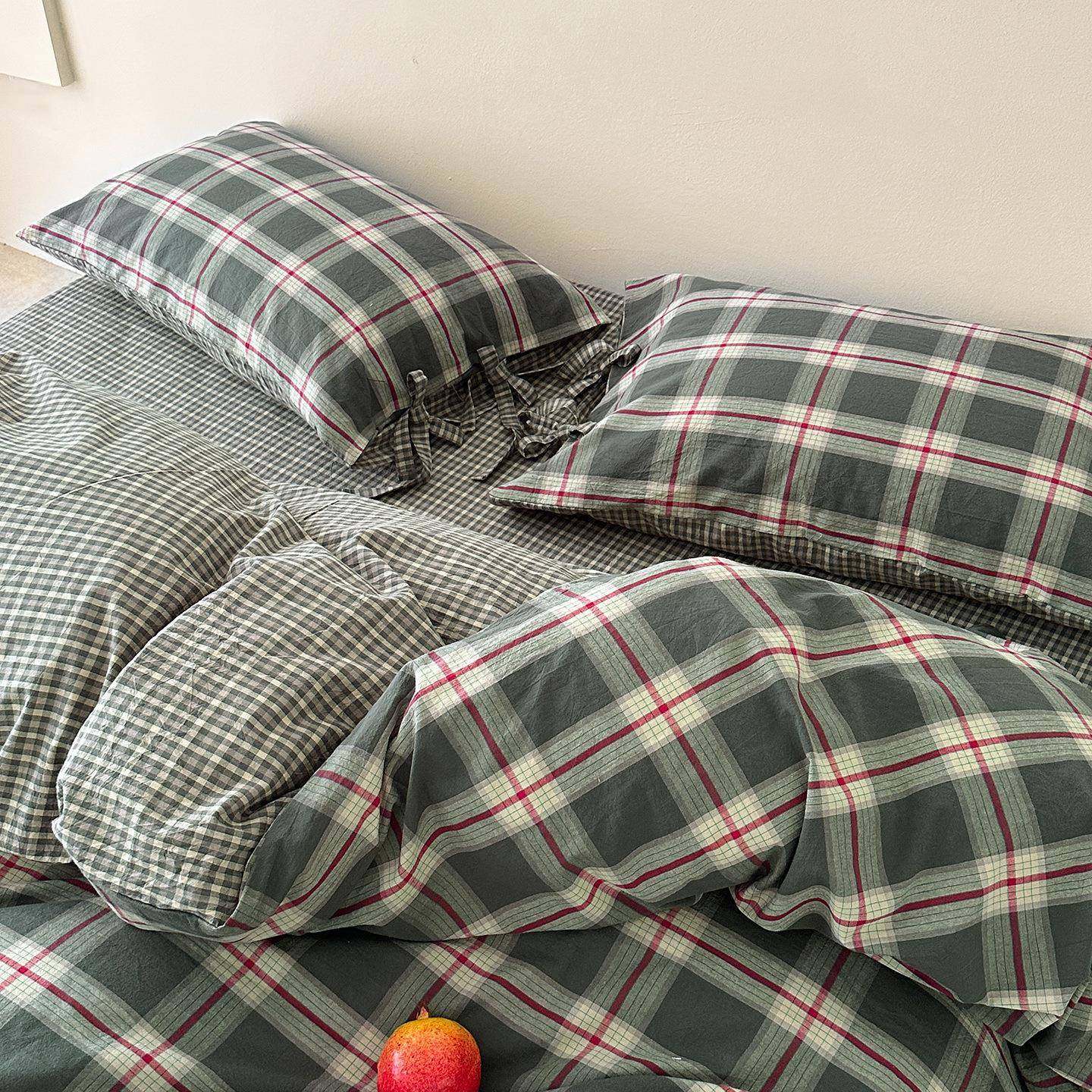 复古格子水洗棉四件套日系简约宿舍学生透气纯棉被套三件套