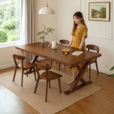 实木餐桌大板桌长方形吃饭桌子家用客厅大长书桌办公桌中古风餐桌