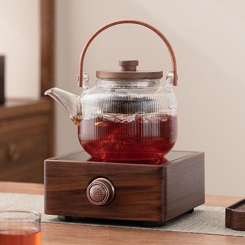 胡桃木电陶炉煮茶器小型电热煮茶炉玻璃烧水壶蒸汽白茶泡茶壶套装