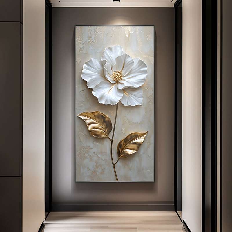 轻奢浮雕花卉玄关装饰画抽象立体感正对门挂画现代简约风过道壁画图片