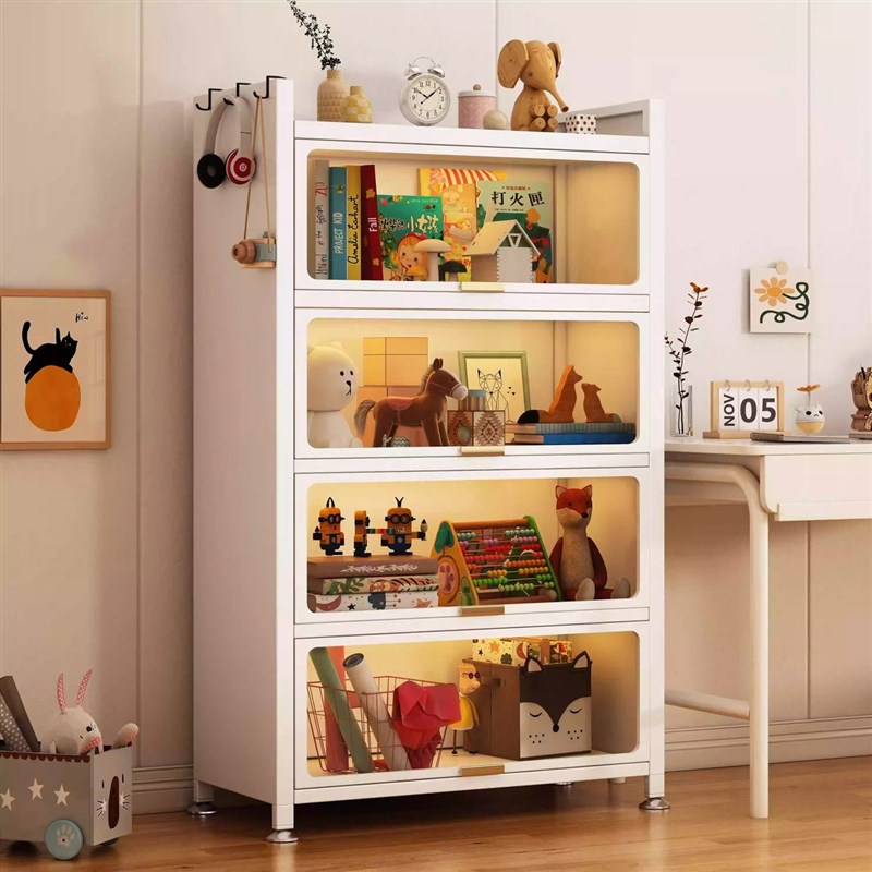 钢制书柜带玻璃门儿童书架家用客厅储物柜防尘展示柜铁艺置物架