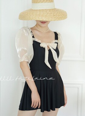 UU温泉泳装女 仙女范公主蕾丝中袖交叉露背连体裙式游泳衣女小胸