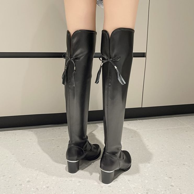 新款年过膝靴显瘦长靴女2024秋冬系带粗跟长筒靴小个子后皮靴高筒