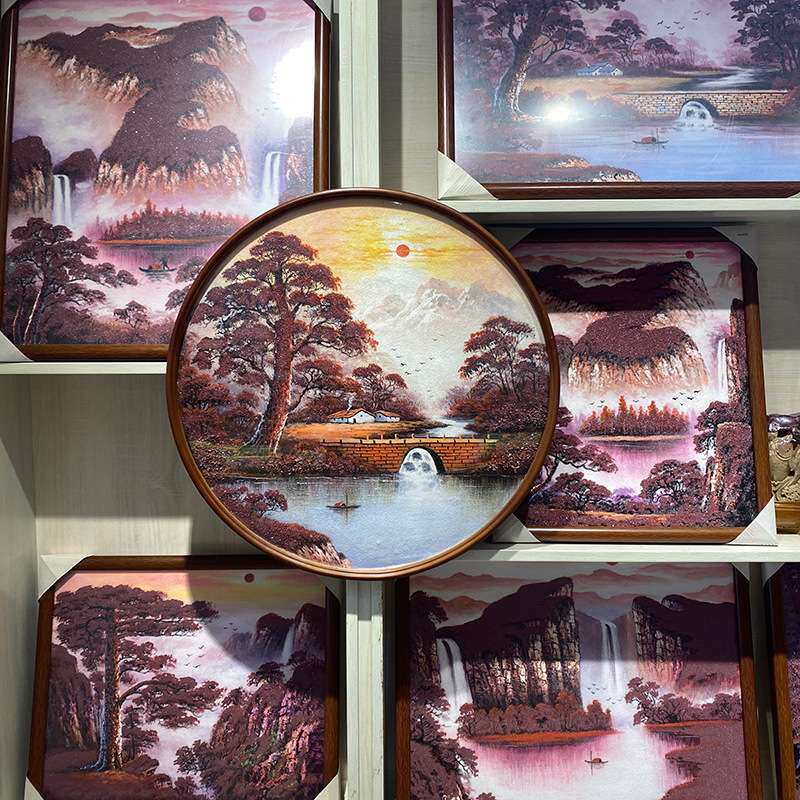 天然朱砂手绘工艺山水画国风客厅玄关摆设实木框挂画字画财神画