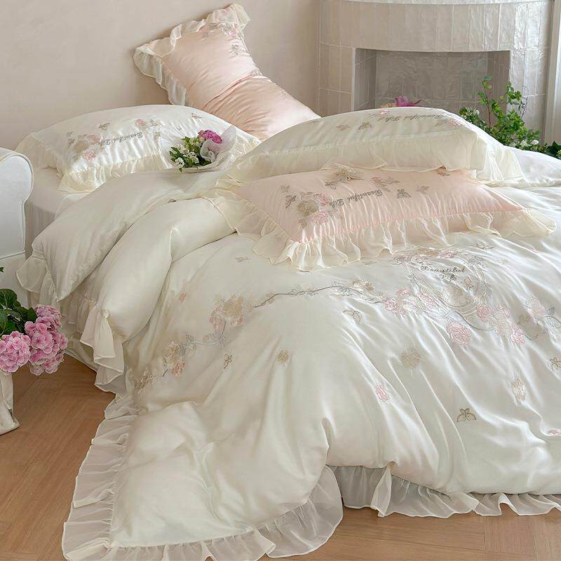法式公主风夏季天丝床上四件套凉感刺绣被套床单轻奢高端少女床品