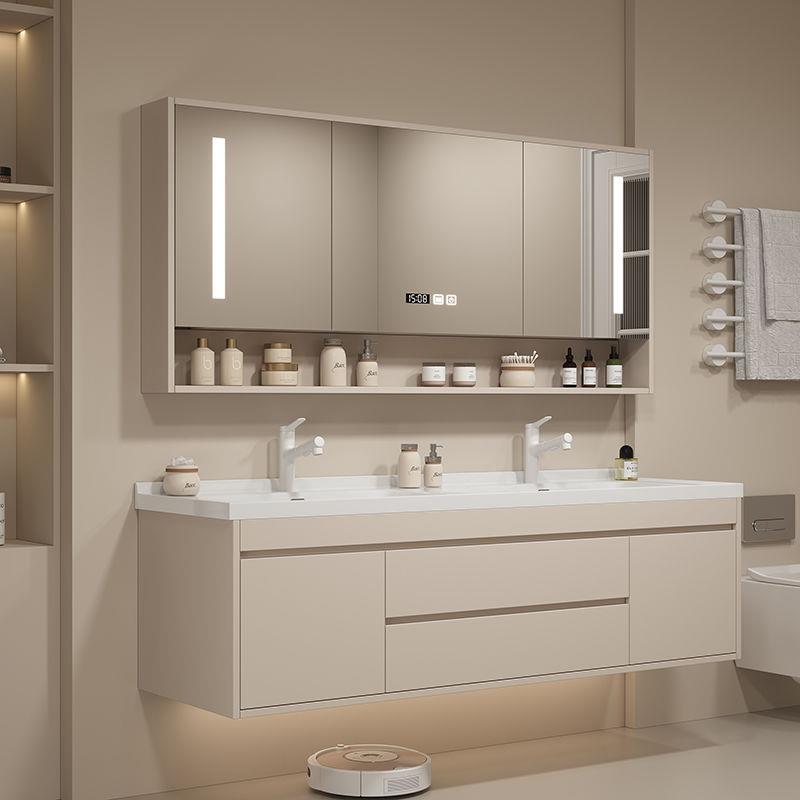 北欧轻奢陶瓷一体盆双盆浴室柜组合现代简约实木智能洗漱脸手池台