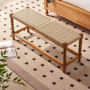 新中式实木长凳客厅进门卧室床尾凳现代民宿服装店接待绳编长条凳