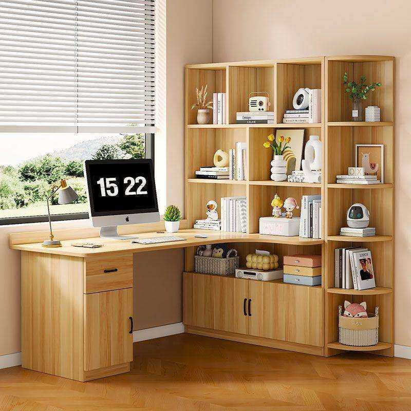 实木转角书桌儿童卧室家用台式书桌书架一体书房儿童桌拐角办公桌