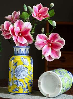 新中式陶瓷花瓶手绘黄色红色绿色水培花瓶青花瓷花瓶客厅装饰摆件