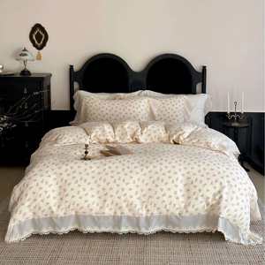 法式小清新田园花卉全棉皱纱四件套 双层纱皱纱荷叶边床品 悠娜