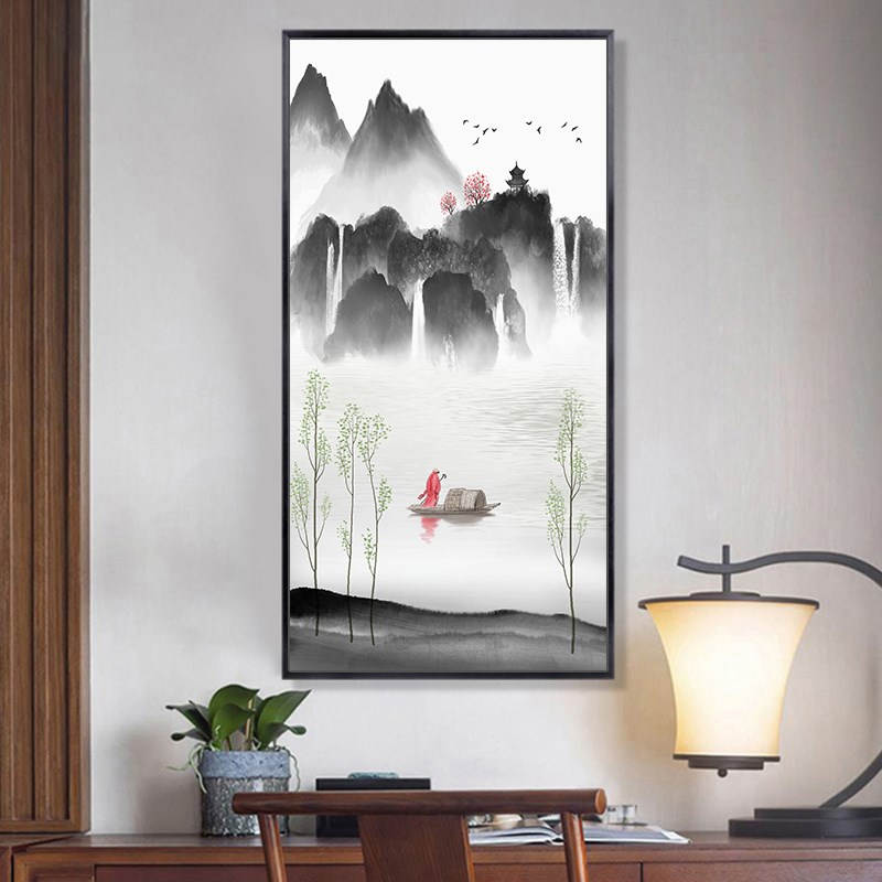 玄关装饰画走廊过道新中式禅意水墨山水画竖版壁画书房背景墙挂画