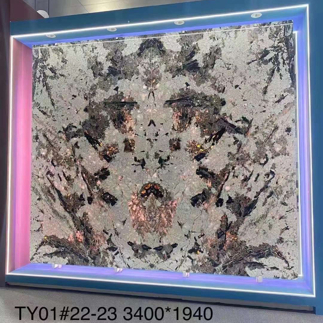 金孔雀奢石背景 天然奢石雪山飞狐大理石轻奢圆形餐桌透光石订做图片