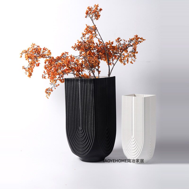 现代简约3D陶瓷黑白花瓶家居样板间售楼处软装插花器玄关饰品摆件