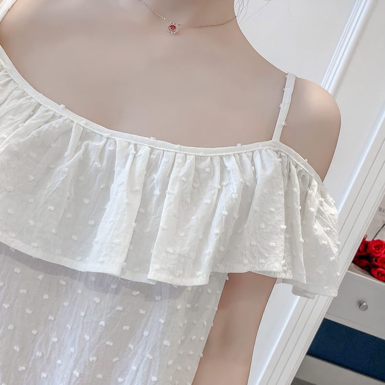 吊带睡裙家居服夏季薄款纯棉睡衣女甜美可爱一字领少女纯白荷叶边