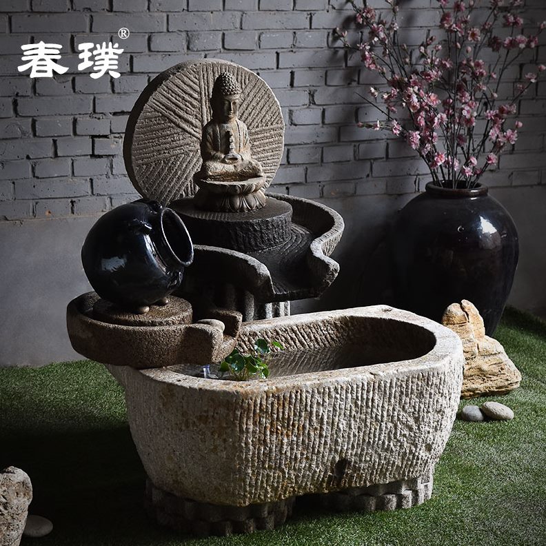 照石槽品禅生光佛像佛老茶室水景石磨普流水组合组合小景观流水