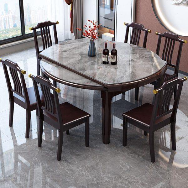新中式岩板餐桌椅组合实木餐桌家用大小户型饭桌可伸缩折叠变圆桌