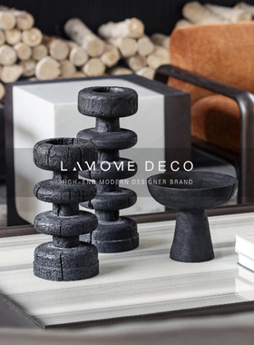 简约现代日式黑色碳化木瓶圆形z摆件售楼处样板间客厅桌面软装饰