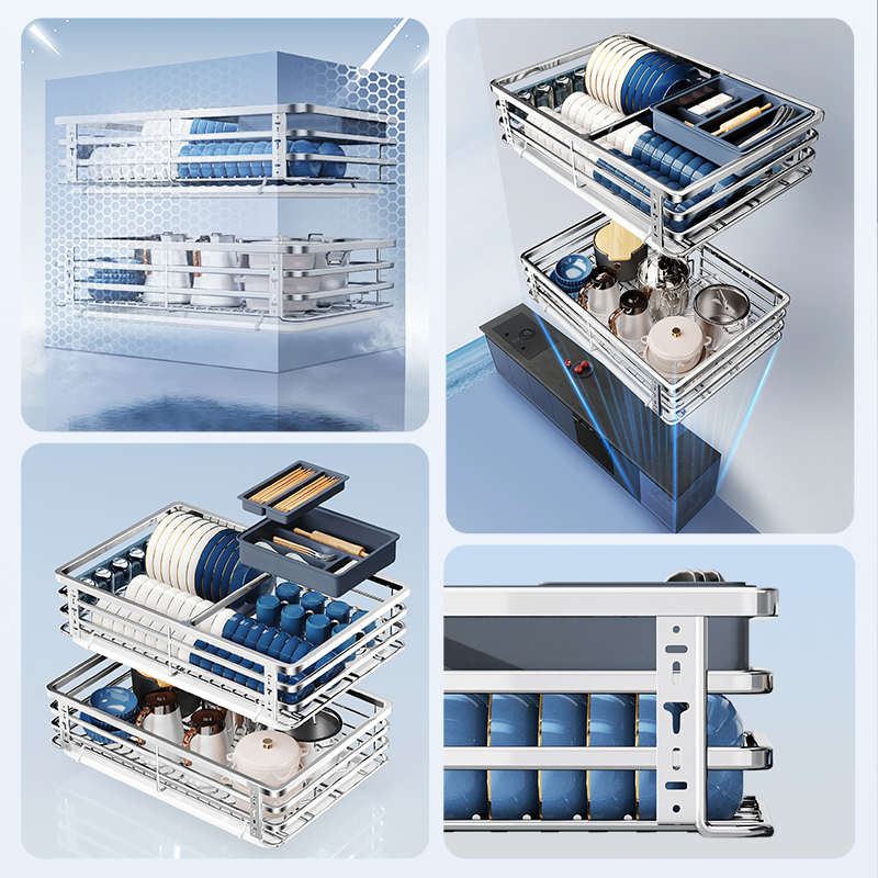 拉篮厨房橱柜调味料304不锈x钢双层抽屉式碗碟架滑轨收纳碗蓝碗篮