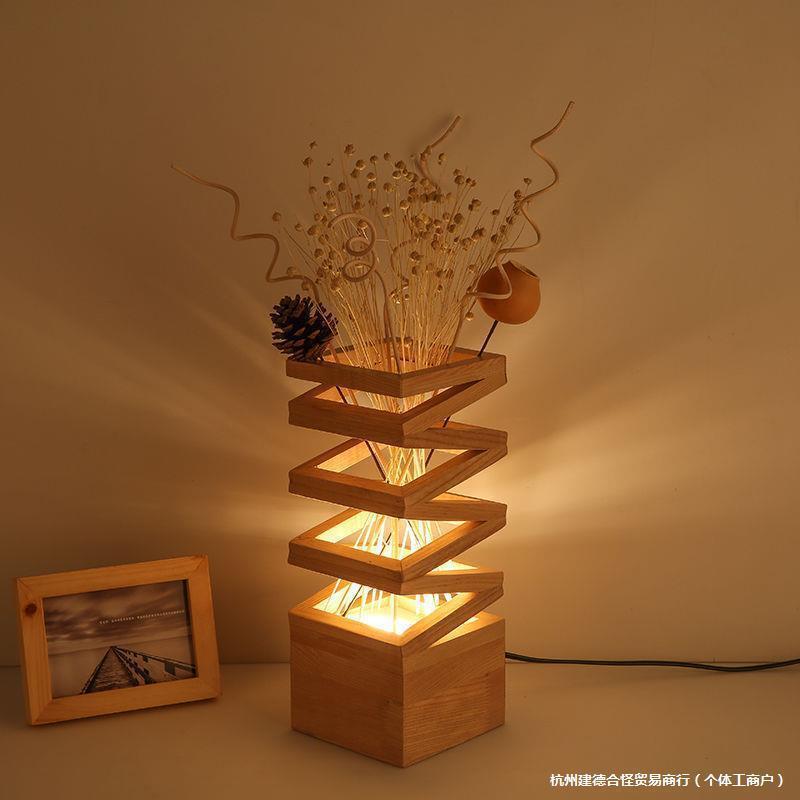 创意简约台灯装饰原木插花温馨浪漫卧室床头客厅书房现代LED台灯