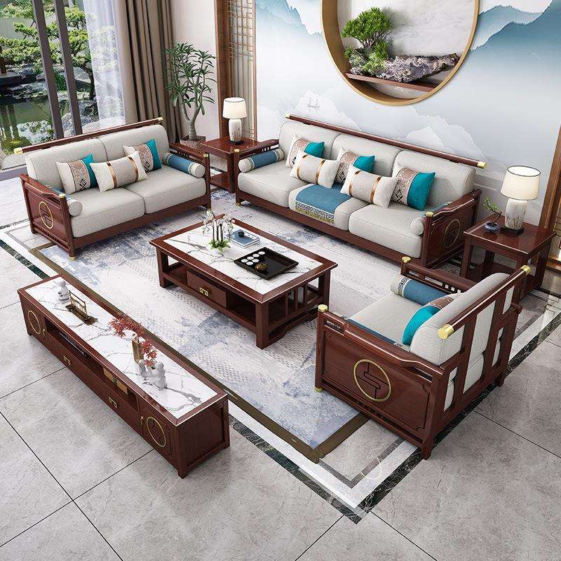 新中式轻奢现代全实木沙发组合 现代中式客厅木加布转角贵妃沙发