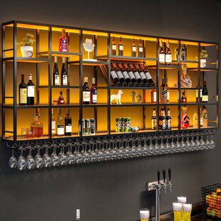 置物架上墙餐厅装饰轻奢酒架壁挂展示架工业风发光铁艺酒柜吧台