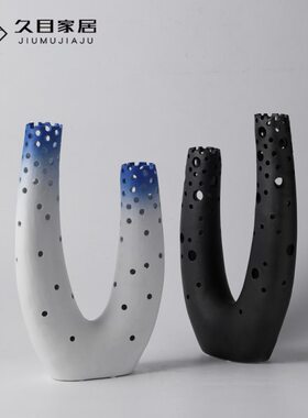 花器陶瓷客厅家居装饰品创意摆件卧室现代简约玄关样板房黑色U形