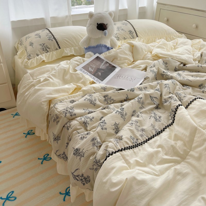 法式田园风花边款水n洗棉夏凉被四件套可机洗空调被宿舍夏季薄被