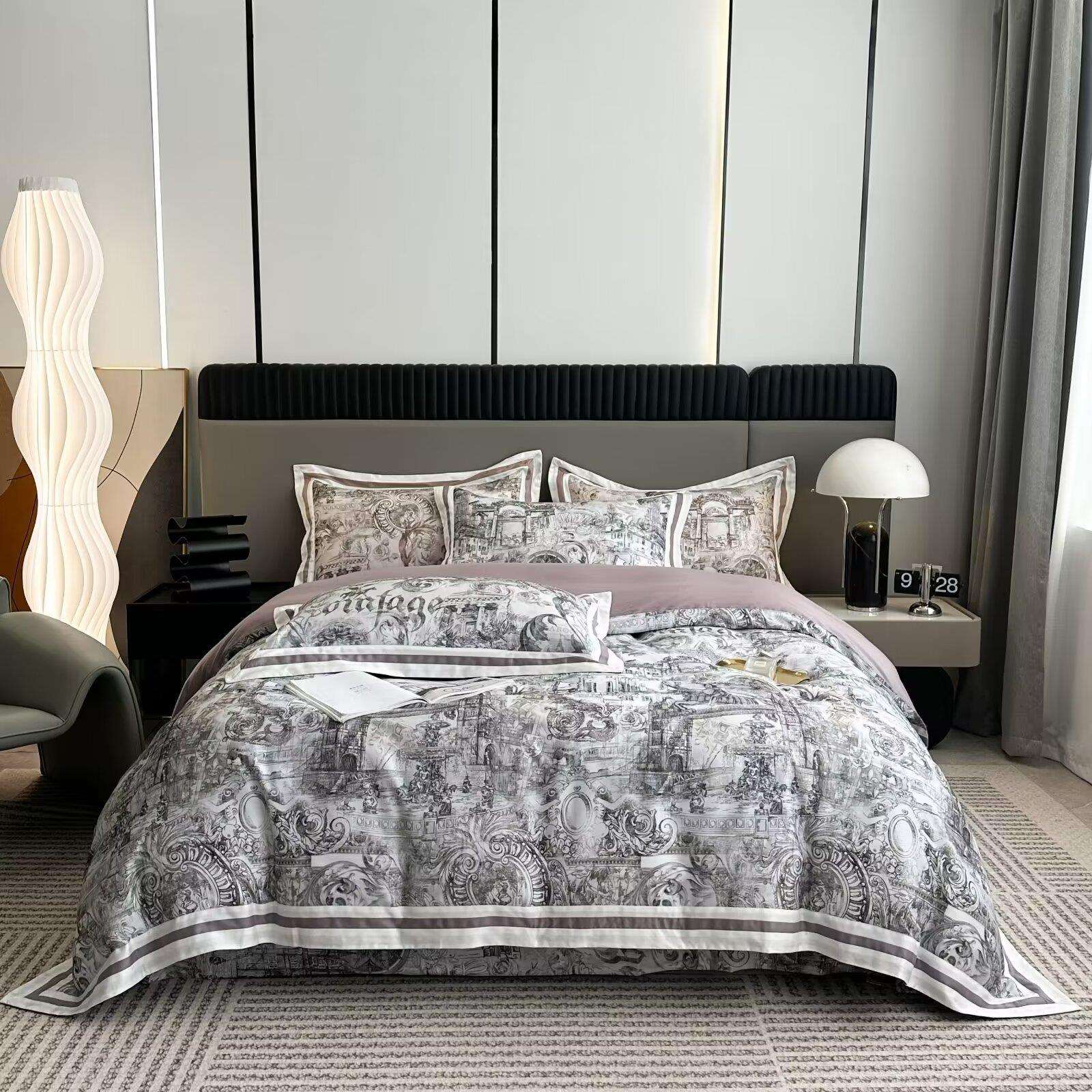 高端 120支长绒棉印花四件套全棉宽边国潮风被罩花边床单床上用品