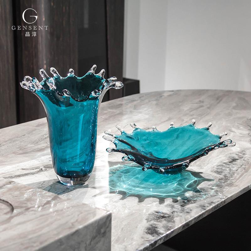 晶淳 半海系列 创意海蓝色水晶琉璃花瓶果盘套装 高档客餐厅软装