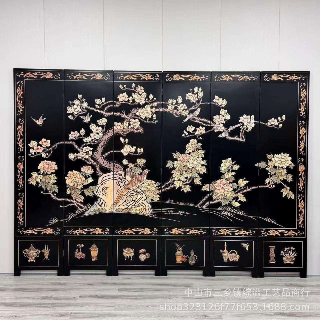 高端黑色手绘花鸟屏风隔断奢华入户玄关欧美风格客厅装饰现货现卖