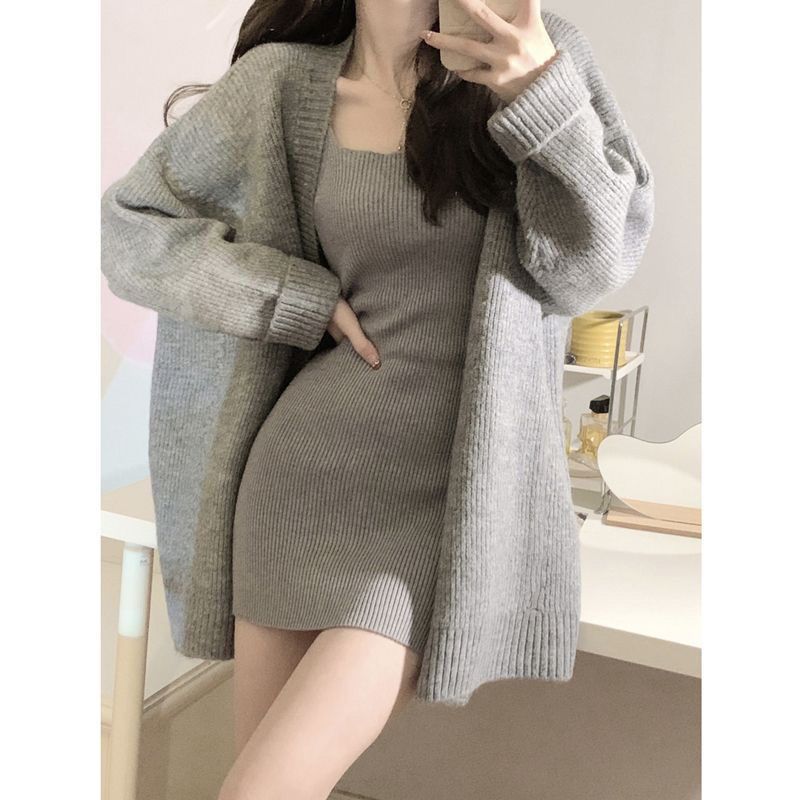 毛衣针织连衣裙两件套装女秋冬辣妹小个子包臀短裙内搭打底吊带裙