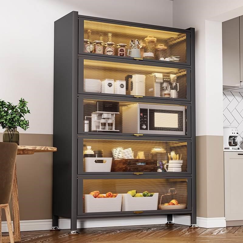 厨房置物架落地多层家用收纳柜子钢制橱柜餐边柜微波炉Z防尘储物