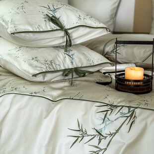 浮光竹影新中式100S长绒棉四件套雅奢竹叶刺绣提W花被套床上用