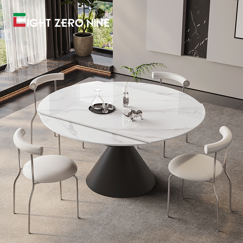 旋转岩板餐桌家用小户型方变x圆伸缩现代简约多功能华尔兹亮光餐