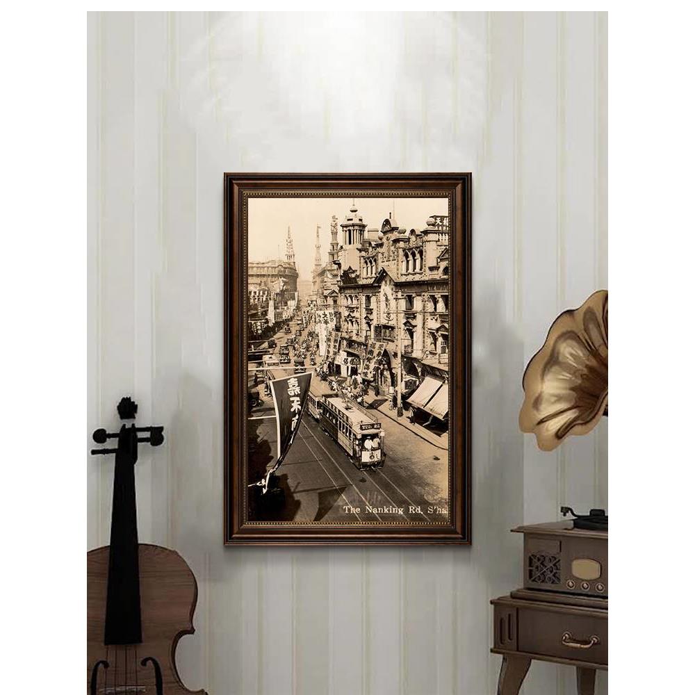 复古黑白c街景建筑挂画民国风老上海餐厅包间客厅火锅店酒吧装饰